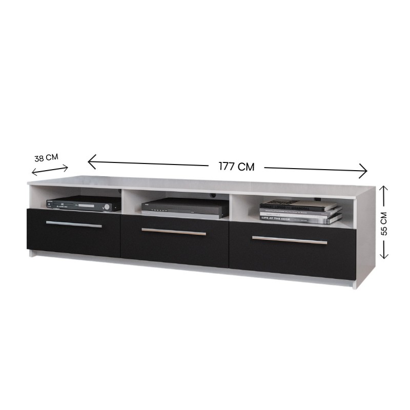 Upgrade your home theater with the TV media stand. The wide surface is practical for a mounted or sitting TV. Available in our black faux wood grain finish and accented with metal aluminum handle pull. This bench is a beautiful combination of open and concealed storage space and is built to accommodate most TVs up to 75 inches, a great addition to any living room or entertainment space