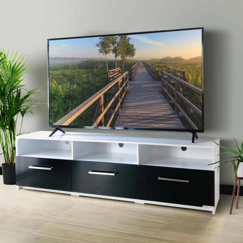 Upgrade your home theater with the TV media stand. The wide surface is practical for a mounted or sitting TV. Available in our black faux wood grain finish and accented with metal aluminum handle pull. This bench is a beautiful combination of open and concealed storage space and is built to accommodate most TVs up to 75 inches, a great addition to any living room or entertainment space