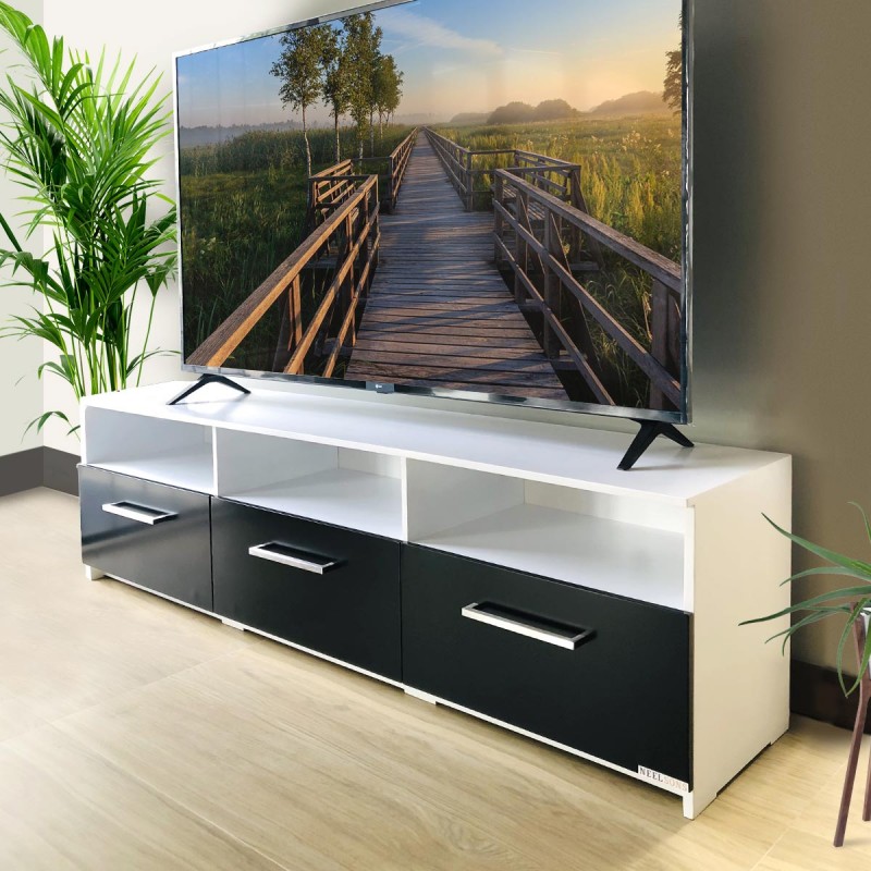 Upgrade your home theater with the TV media stand. The wide surface is practical for a mounted or sitting TV. Available in our black faux wood grain finish and accented with metal aluminum handle pull. This bench is a beautiful combination of open and concealed storage space and is built to accommodate most TVs up to 75 inches, a great addition to any living room or entertainment space