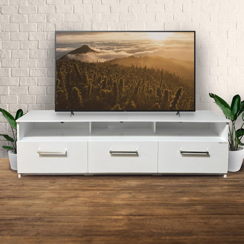 Upgrade your home theater with the TV media stand. The wide surface is practical for a mounted or sitting TV. Available in our black faux wood grain finish and accented with metal aluminum handle pull. This bench is a beautiful combination of open and concealed storage space and is built to accommodate most TVs up to 75 inches, a great addition to any living room or entertainment space