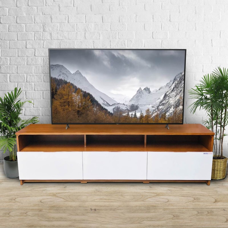 Upgrade your home theater with the TV media stand. The wide surface is practical for a mounted or sitting TV. Available in our black faux wood grain finish and accented with metal aluminum handle pull. This bench is a beautiful combination of open and concealed storage space and is built to accommodate most TVs up to 75 inches, a great addition to any living room or entertainment space