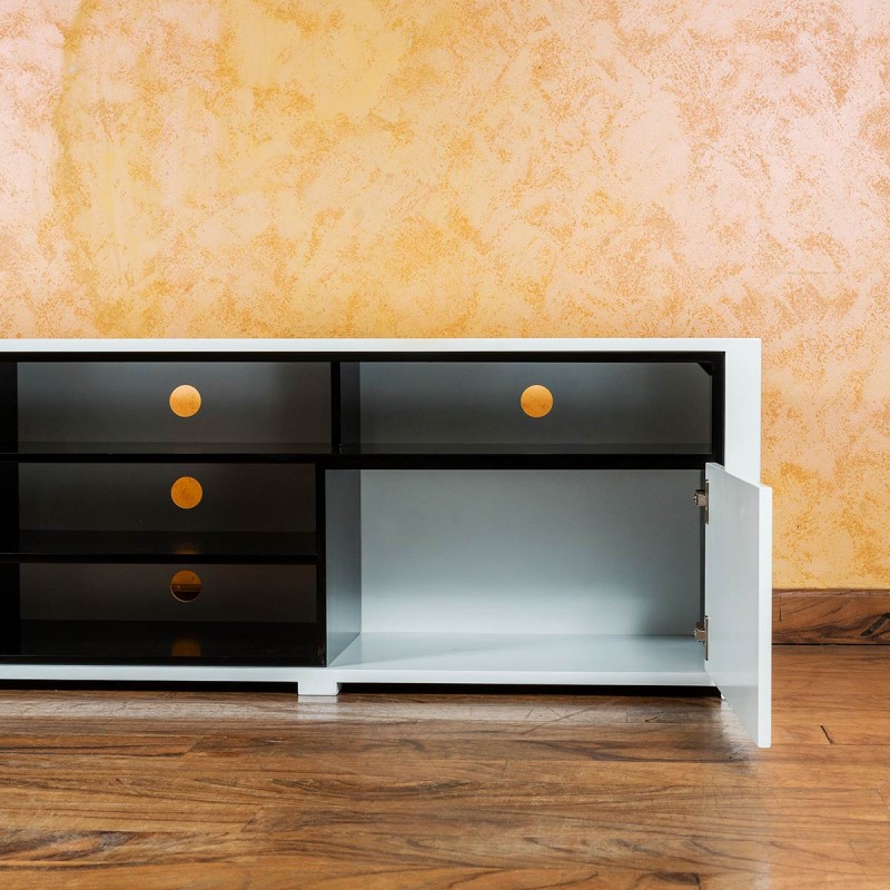 Upgrade your lounge room with this modern White & Grey High Gloss TV Unit - Large – Boxer from Neelsons, a stylish and elegant way to place your entertainment needs. Built to fit up to 70 inch TV stand, Thanks to a combination of open and concealed storage, which provides superb storage choices.