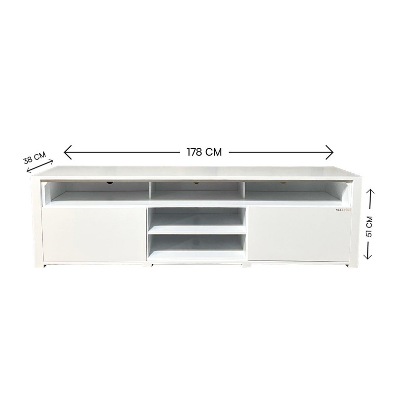 Defined by its high-gloss and clean look, this elegant TV stand instantly enhances your entertainment area in a sophisticated manner. Its white color blends flawlessly into both stylish and vibrant spaces, while its rectangular color scheme is ideal for any casual space. This durable console designed in retro style with rounded edges could be added into a contemporary living room arrangement alongside a sleek sofa and a pair of wing back armchair to form a coherent set. Enhance this model, with a sleek flat-screen TV, which would be a perfect choice for watching your favorite games.