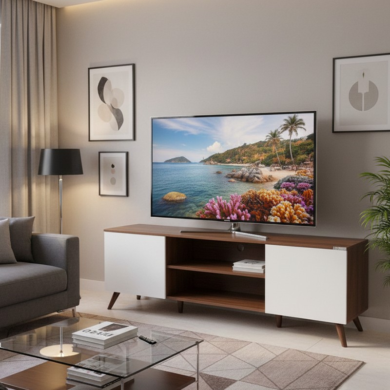 Defined by its high-gloss and clean look, this elegant TV stand instantly enhances your entertainment area in a sophisticated manner. Its white color blends flawlessly into both stylish and vibrant spaces, while its rectangular color scheme is ideal for any casual space. This durable console designed in retro style with rounded edges could be added into a contemporary living room arrangement alongside a sleek sofa and a pair of wing back armchair to form a coherent set. Enhance this model, with a sleek flat-screen TV, which would be a perfect choice for watching your favorite games.