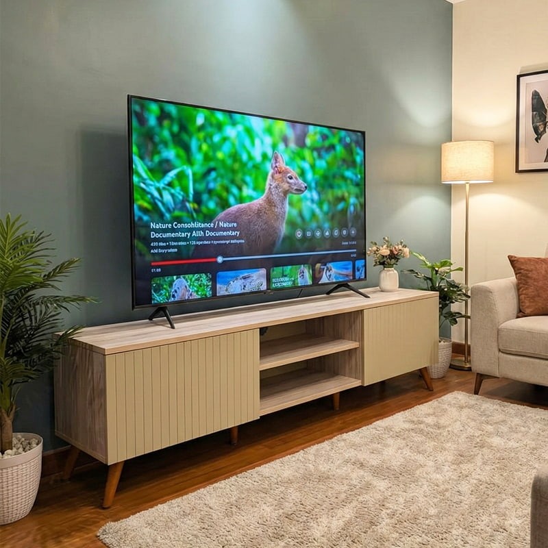 Omeo Tv console | 7ft Tv console | 84-inch  Contemporary TV Console with Tapered Legs | Low Profile Mid-Century Media Stand