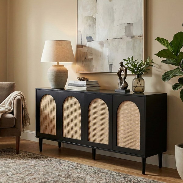 Arlo Black console table with Arched Rattan Doors