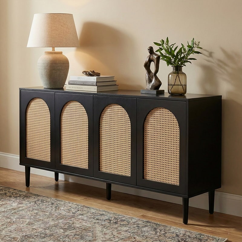 Where bold modern design meets organic warmth. The Arlo Console features a stunning semi-gloss black finish that perfectly frames the natural, hand-woven rattan door panels.