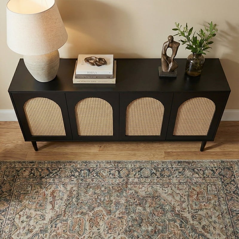 Where bold modern design meets organic warmth. The Arlo Console features a stunning semi-gloss black finish that perfectly frames the natural, hand-woven rattan door panels.