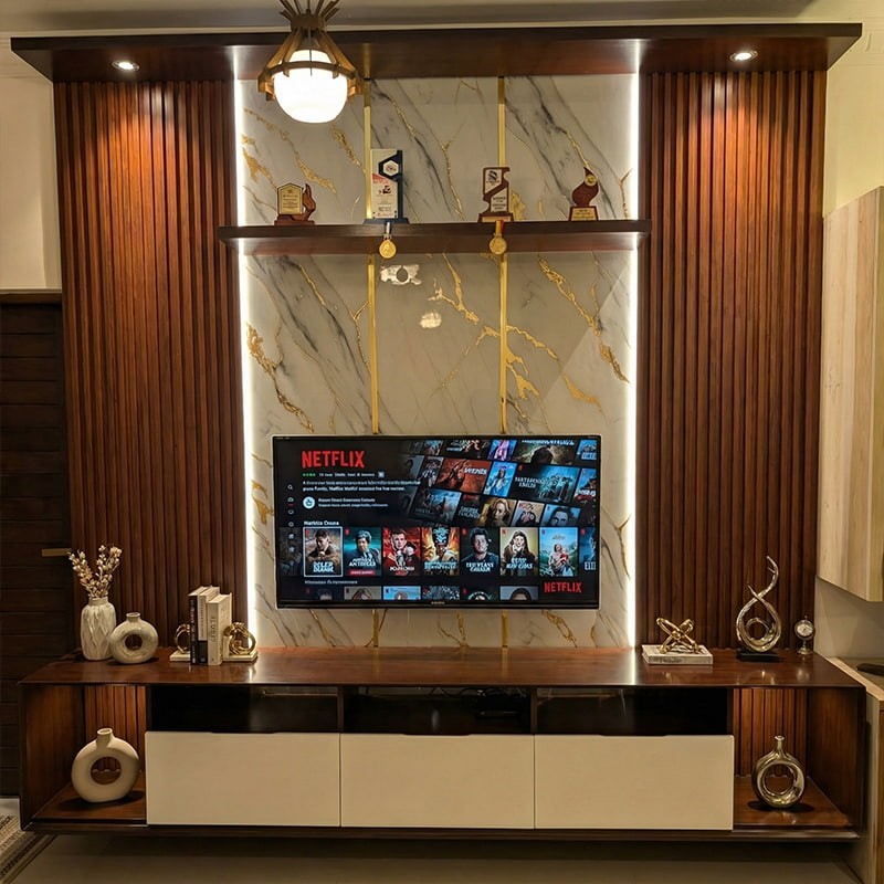 Elevate your living space with this stunning 9ft wide and 9ft high wall-mounted TV console, designed for both elegance and functionality. Featuring a luxurious combination of dark wood tones, vertical fluted panels, and a marble-effect back panel with gold accents, this unit adds a premium touch to any interior. Integrated ambient LED lighting highlights the textures and creates a cozy atmosphere. The spacious bottom unit includes sleek white cabinets for concealed storage and open shelves for electronics. Ideal for modern homes, this console is a perfect blend of style and practicality.